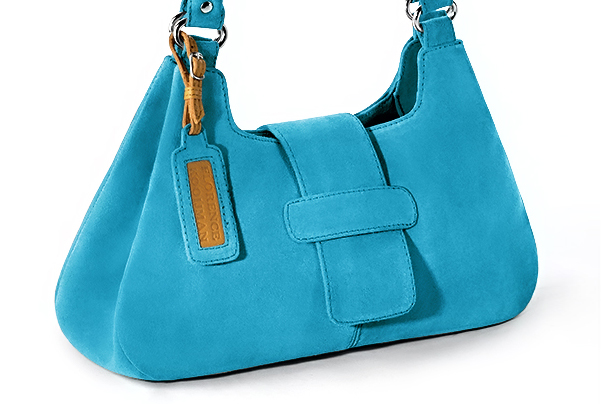 Turquoise blue women's dress handbag, matching pumps and belts. Front view - Florence KOOIJMAN